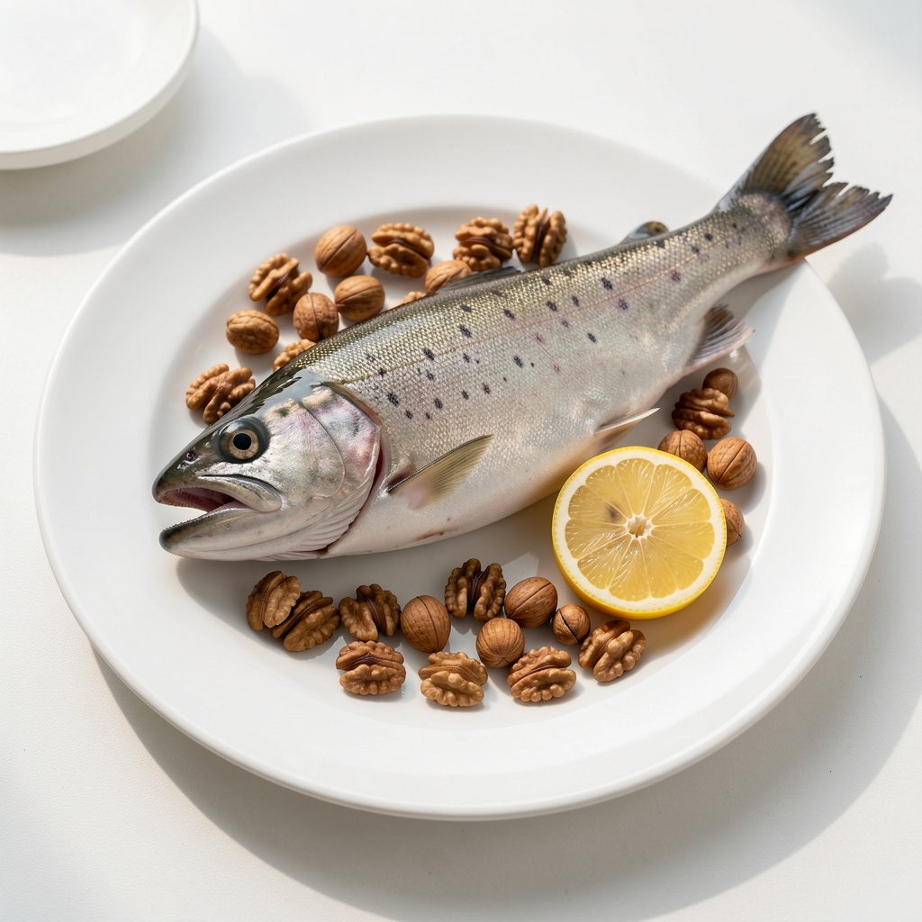 Lachs und Walnüsse auf weißem Teller, helles natürliches Licht, editoriale Stillleben-Aufnahme auf hellem Hintergrund